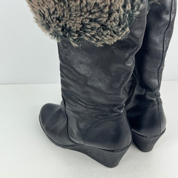 Unbranded Leather Boots Size 9.5 EU 40 Black Almond Toe Wedge Heel 3in Faux Fur - Picture 3 of 6